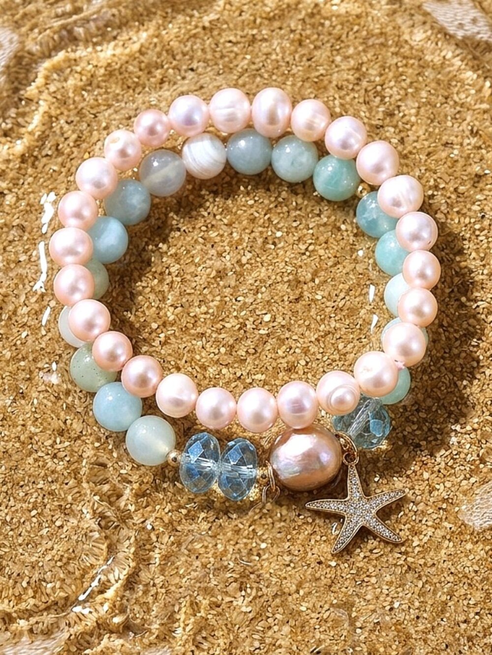 Charm Stretch Bracelet Set, Aquamarine, Pearls & Gold Filled CZ Starfish Charm